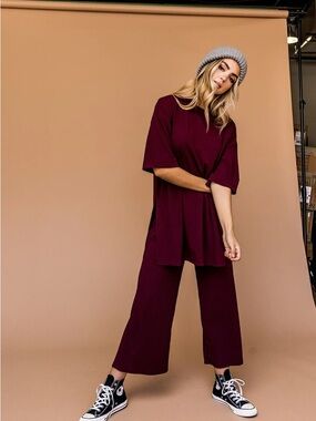 Dressed in LALA Lex Ribbed Playsuit Set in Burgundy Sz M
